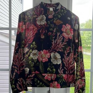 H&M Floral Blouse, Long Sleeve, Collar, Pink, Green Flowers Black Size 2